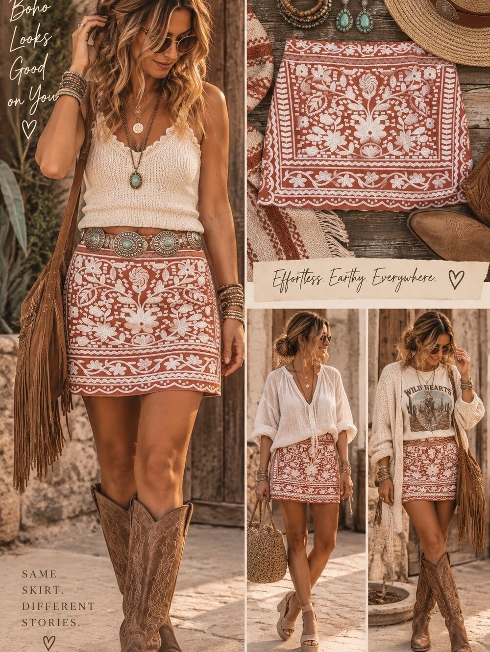 J. Marie XL Terracotta Embroidered Floral Cotton Skirt Boho Mini Skirt NWT